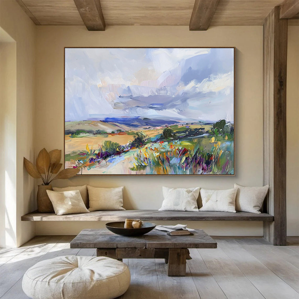 “Colorful Countryside Vibe” - Vivid Greens, Yellows, Blues, and Purples, Lively Impressionistic Landscape Painting On Canvas HB0915