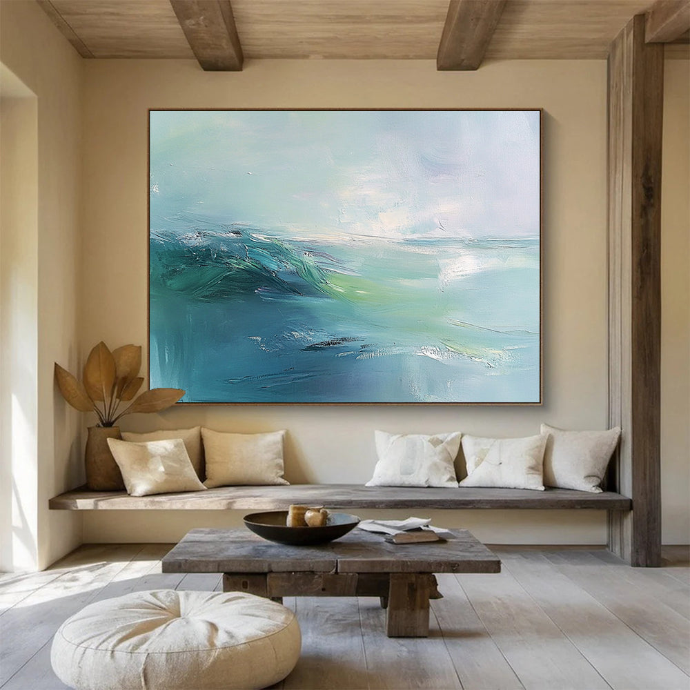 “Soft Green - Blue Abstract Wave” - Soft Green, Blue, Abstract Wave, Expressive Brushstrokes HB1123