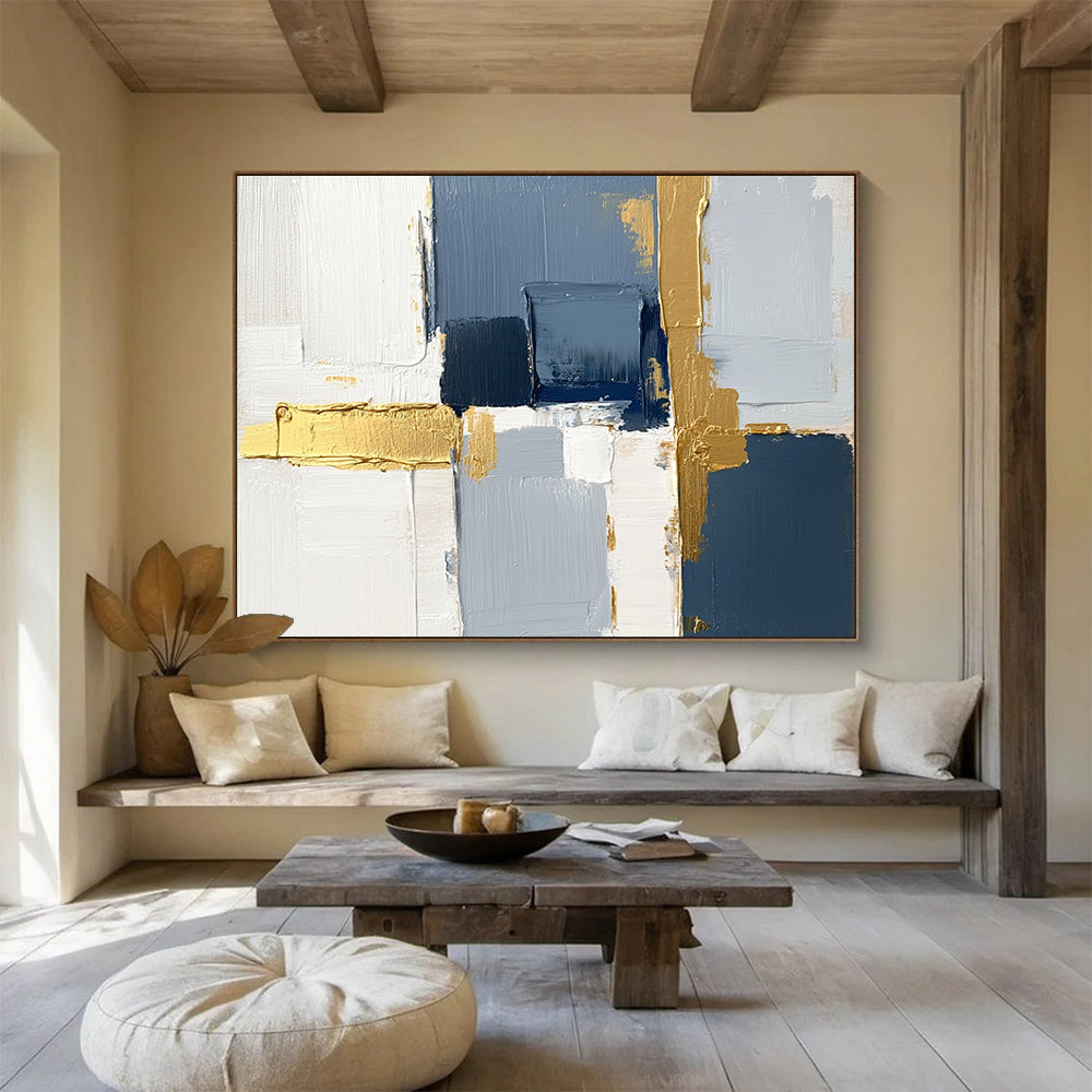 “Blue and Gold Geometric Abstract” - Blue, gray, white, gold; Geometric abstract with gold accents; Acrylic Painting On Canvas HB1252