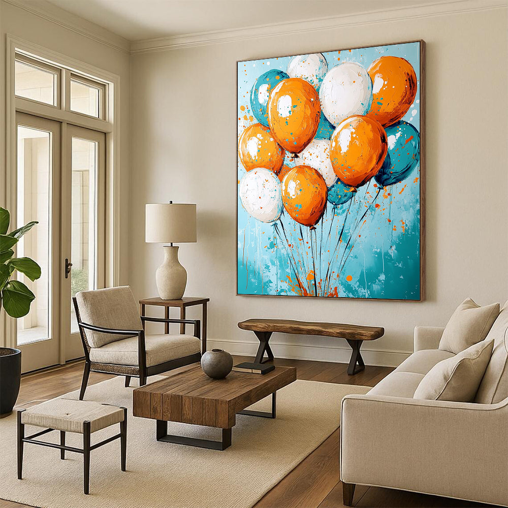 Contemporary abstract artwork featuring vibrant orange and teal colors, joyfully celebrating with floating balloons and dynamic paint splashes. DLZ0279