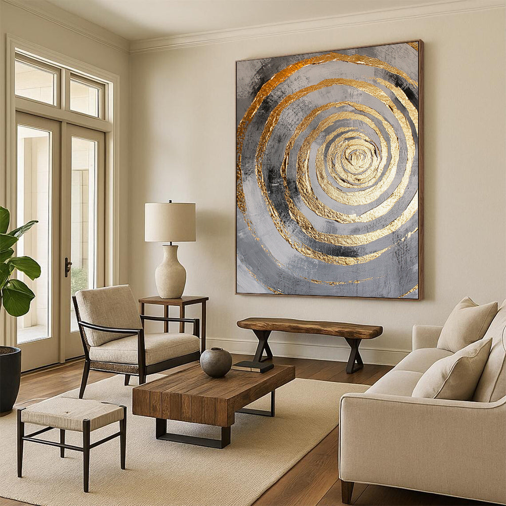 Black, Gray and Gold Concentric Circles with Drips "Dynamic Dripping Vortex" Painting On Canvas HB383