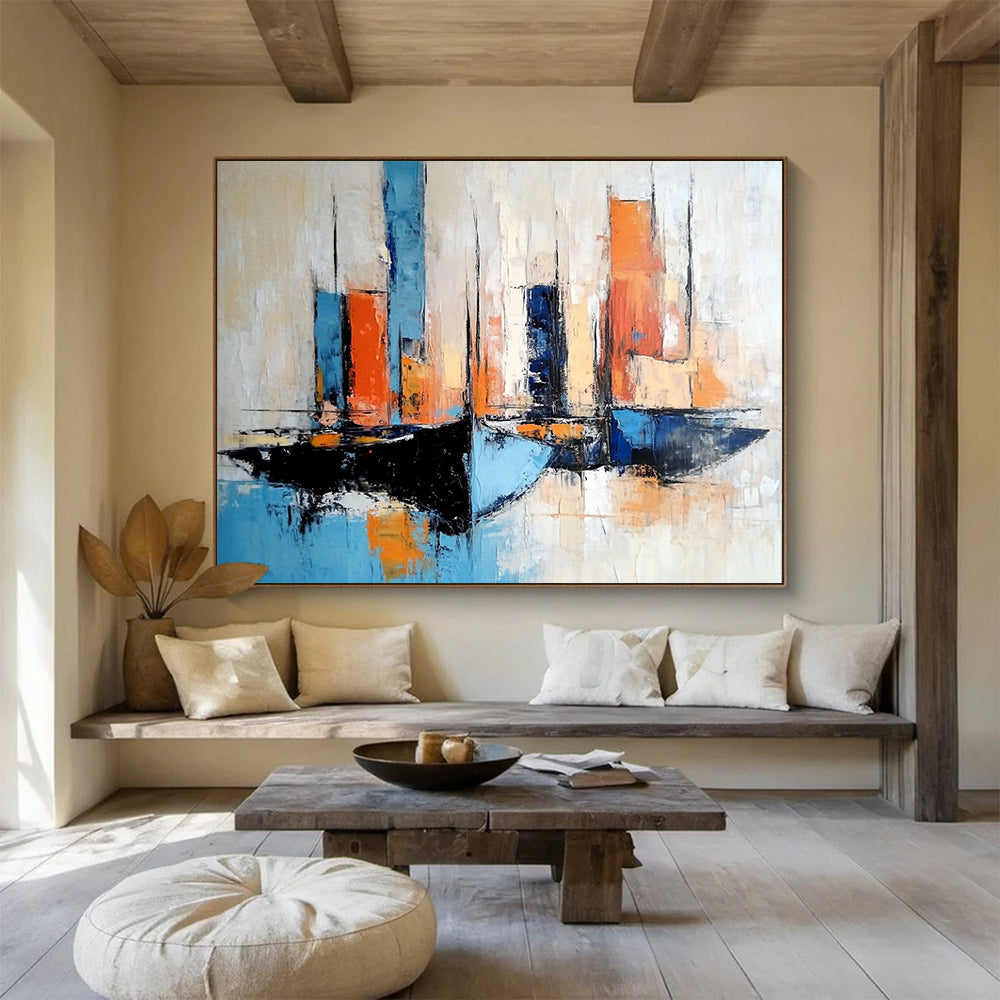 “Colorful Sailboats” - Blues, oranges, whites; Abstract sailboats in a vibrant harbor; Impressionistic Oil Painting On Canvas HB1178