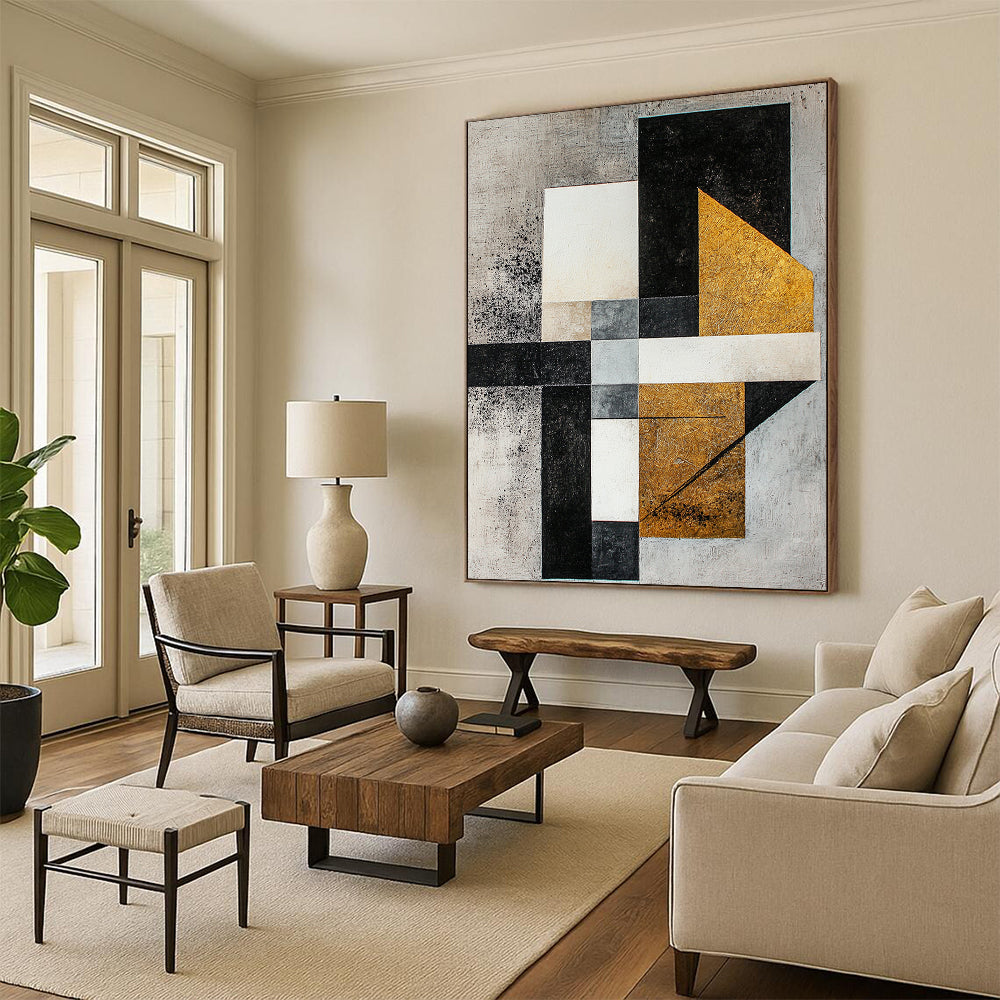 Gray, White, Black, Gold with Mixed Shapes "Textured Fusion" Abstract Painting On Canvas HB016