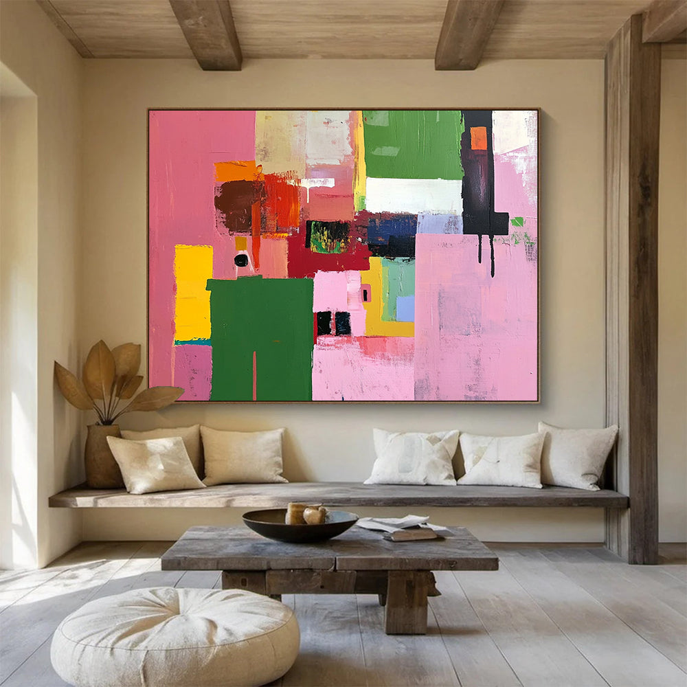 “Colorful Geometric Blocks” - Pink, Green, Yellow, Abstract Shapes - Acrylic Painting HB1487