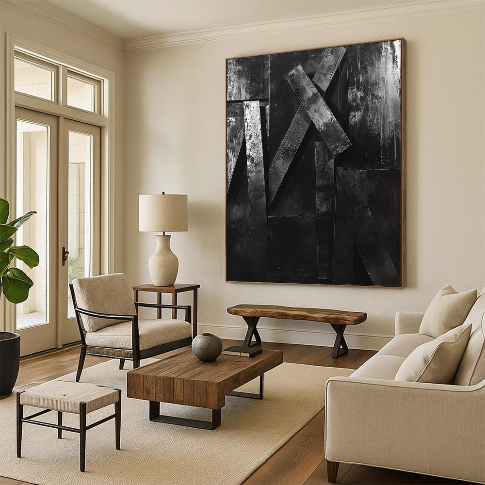 Textured Black Geometric Forms "Raw Structure" Painting On Canvas HB294