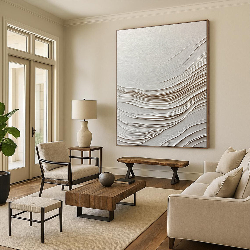 Contemporary hand-painted abstract artwork features smooth white paper with gentle wave-like lines, creating a serene and elegant visual experience. DLZ1233
