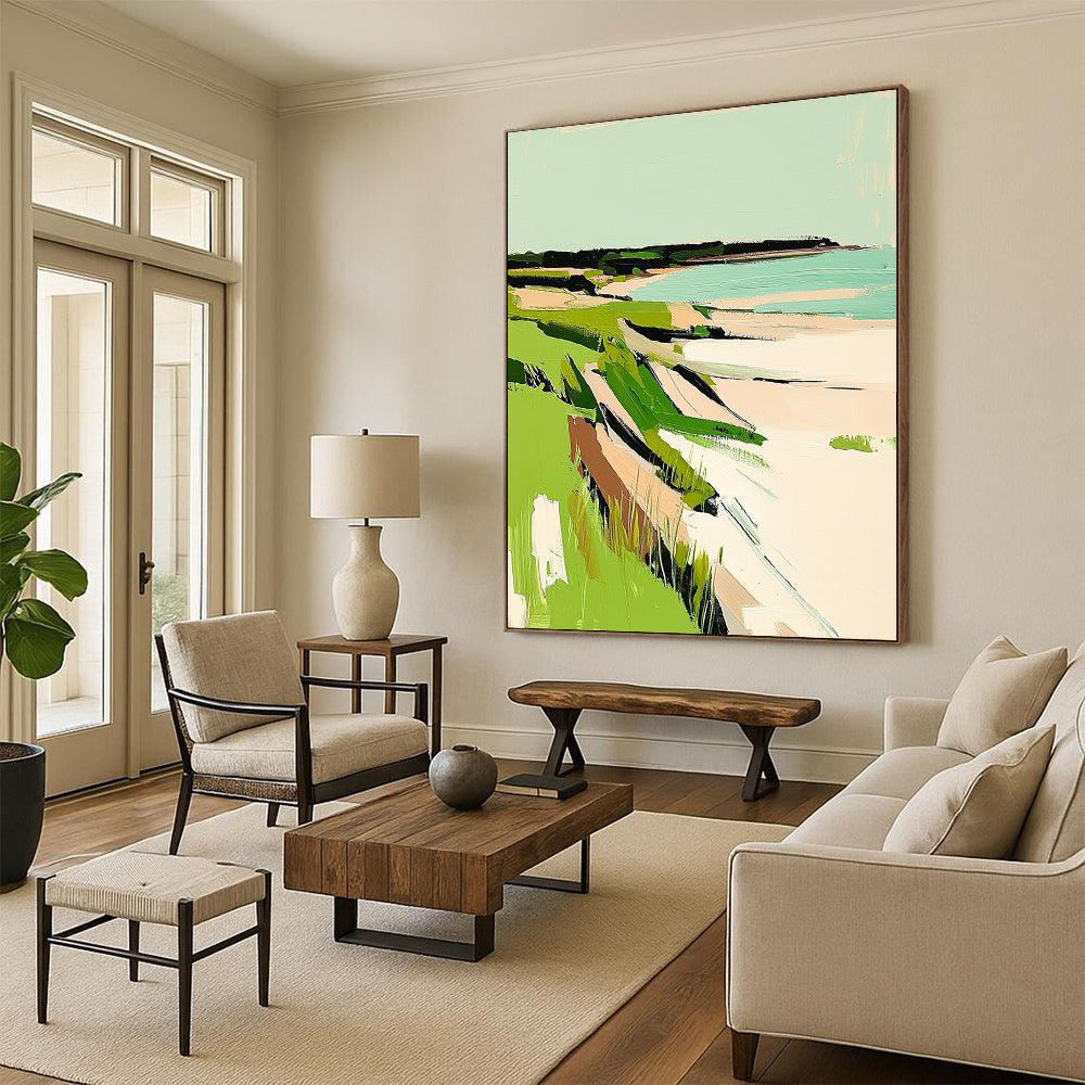 Contemporary abstract painting featuring New England coast with vibrant green grasses and serene white sandy beaches. Perfect for any modern space. DLZ0652