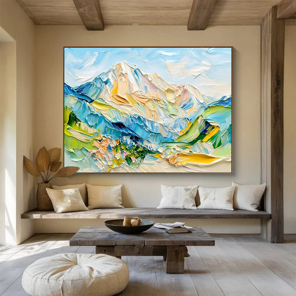 “Color - Drenched Alpine Vistas” - Blue, Green, Yellow, Pink, Lively Mountainscape Painting On Canvas HB1021