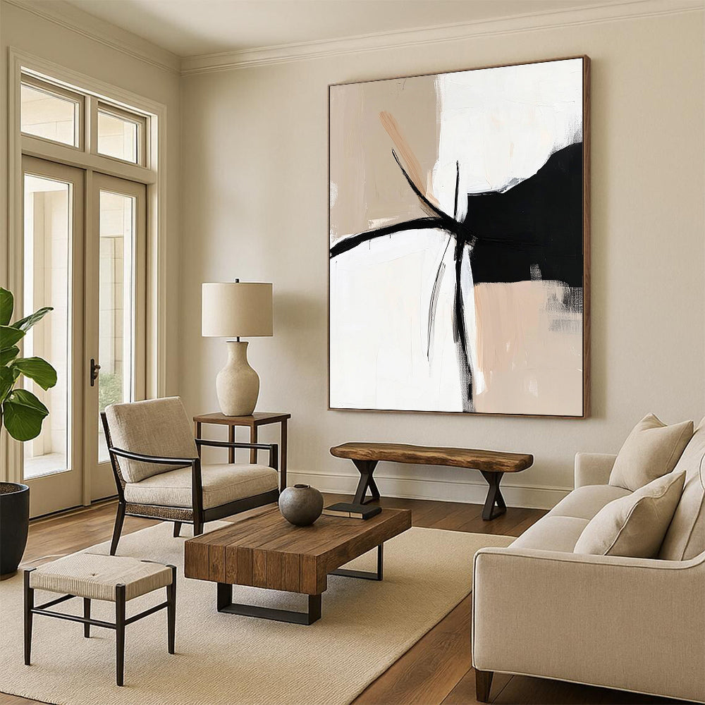 Contemporary hand-painted abstract artwork in black, white, and beige, featuring a minimalist design with an elegant bohemian feel. DLZ0320