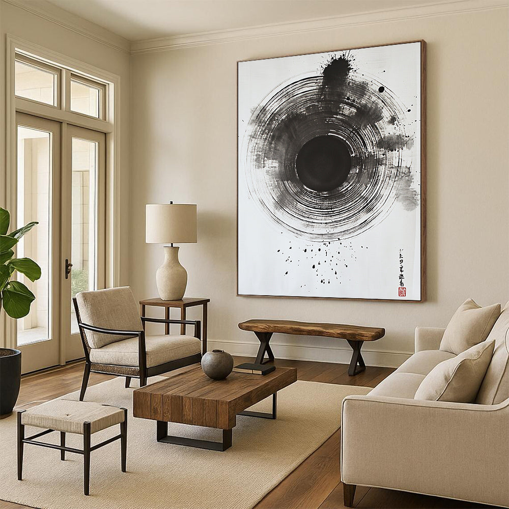 Black Gradient Circular Ink - “Subtle Enso Depth” Painting On Canvas HB234