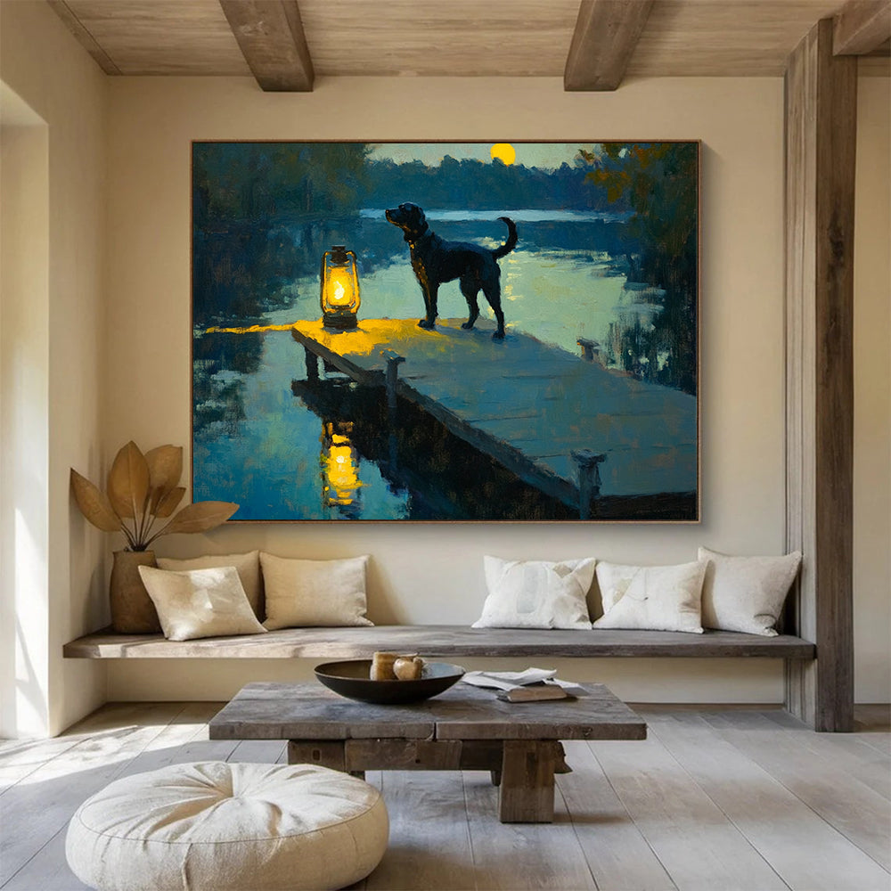 “Moonlit Dog by the Lake” - Blue, Yellow, Black Dog, Lake, Lantern - Realist Oil Painting HB1685