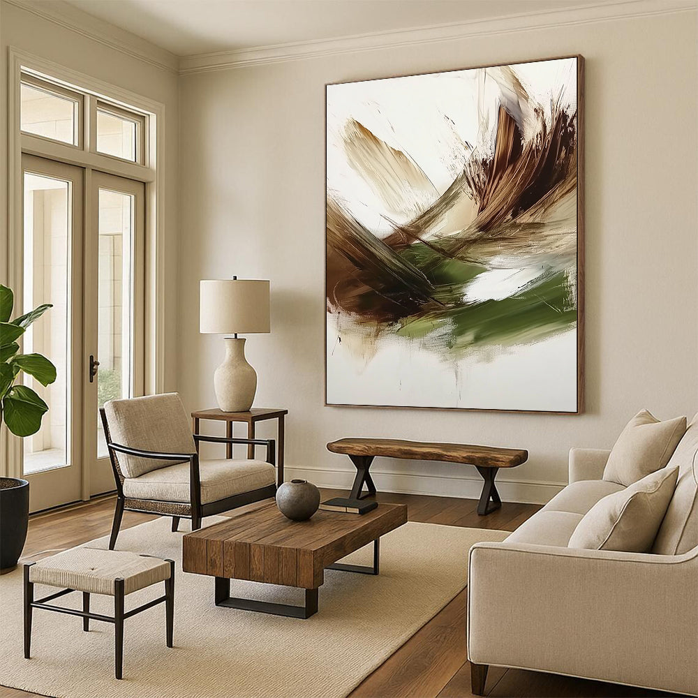 Contemporary hand-painted abstract art features a rich green, brown, and white palette with textured brush strokes and a dark beige backdrop. DLZ0447