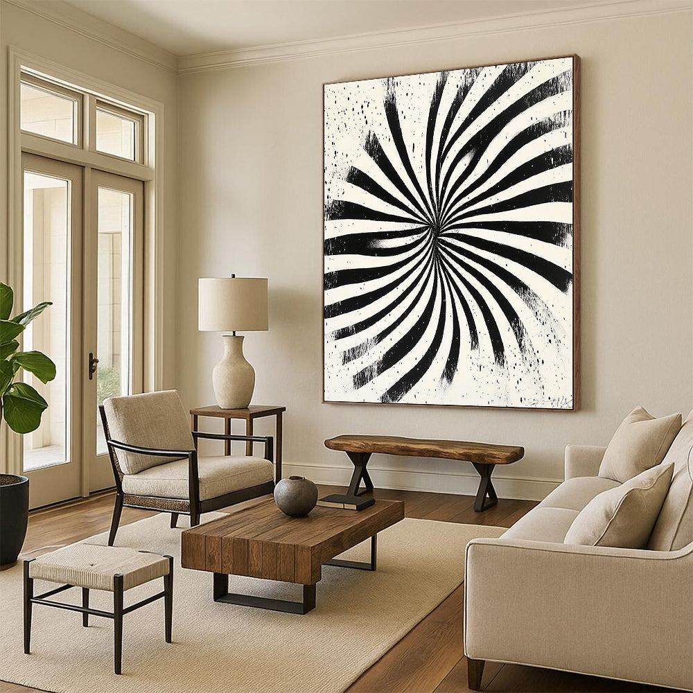 Black and White Radial Stripes "Optical Burst" Painting On Canvas HB283