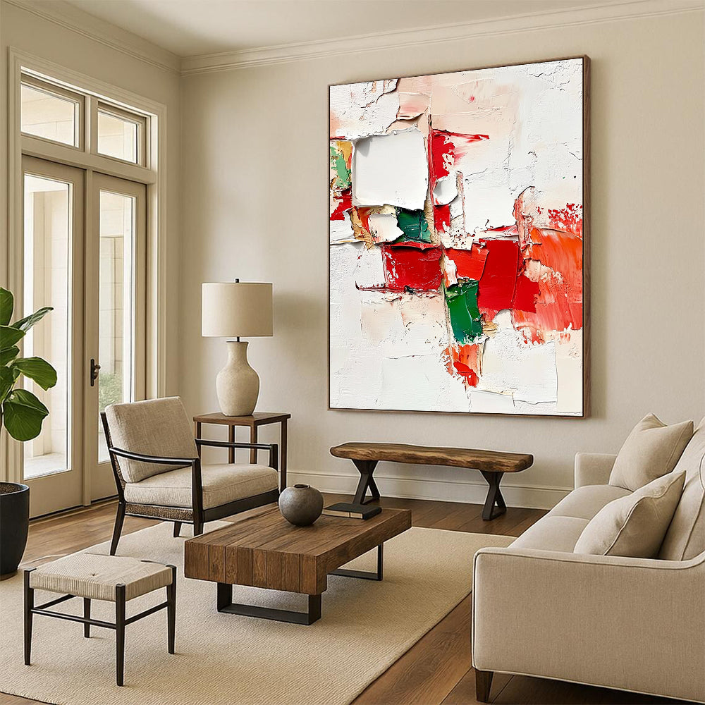 Contemporary abstract artwork showcasing torn pieces in red, green, and white with thick layers, brush strokes, and expressive paint splatters on an off-white background. DLZ0661