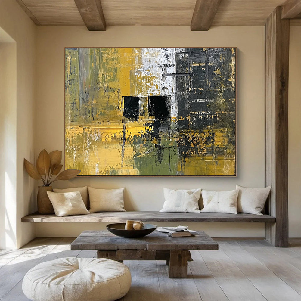 “Industrial Yellow - Green Abstract” - Yellow, Green, Black with Geometric Shapes - Painting On Canvas HB1397