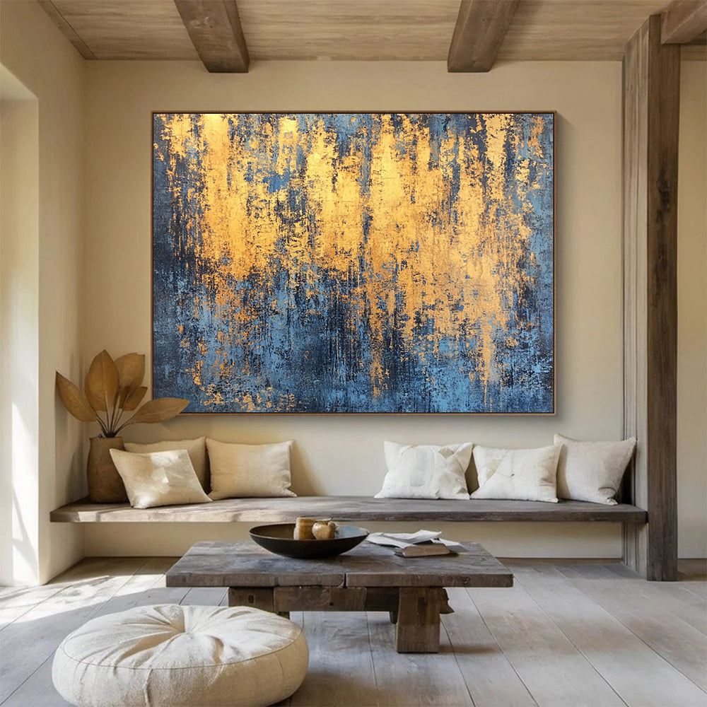 “Gold - Streaked Blue Texture” - Blue, Gold, Abstract Textured Painting On Canvas HB1000