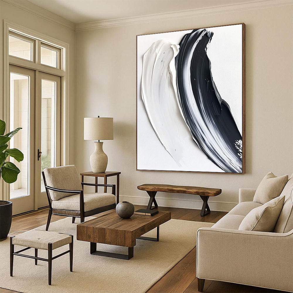 Contemporary hand-painted abstract artwork featuring two textured brushstrokes in black and white against a pure white background, creating a striking visual contrast. DLZ1230