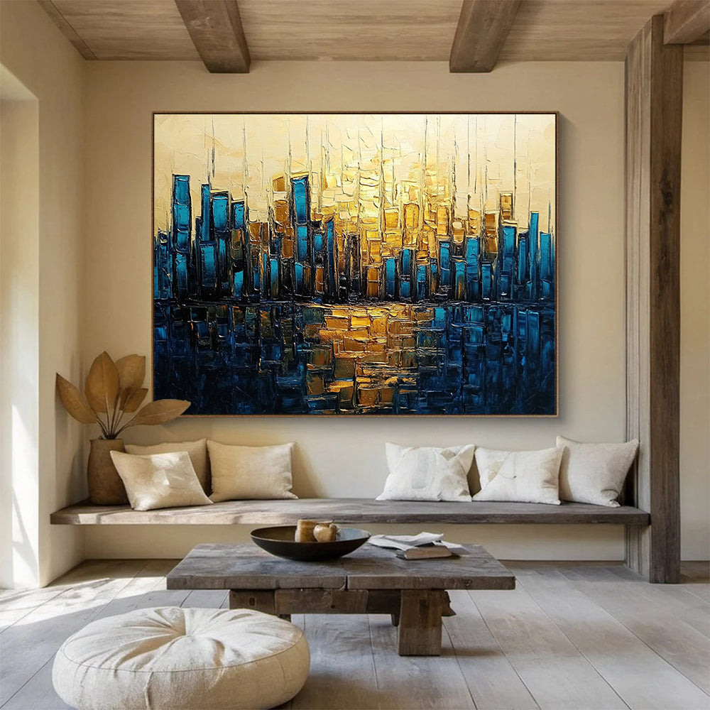 “Golden - Blue City Reflection” - Gold, Blue, Cityscape with Water Mirroring HB1136