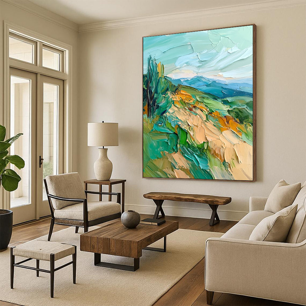 Contemporary abstract oil painting featuring impasto textures and vibrant sea green and blue hues of mountains, hills, and trees. DLZ1566