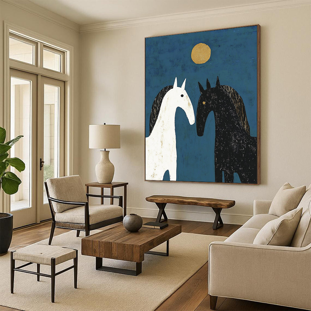 Contemporary abstract artwork featuring three horses in a symmetrical design with soft edges and delicate brushstrokes against a deep blue background. DLZ1714