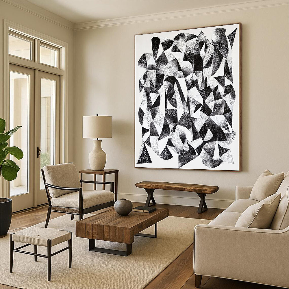 Black and White Geometric Abstraction "Monochrome Geometry" Painting On Canvas HB390