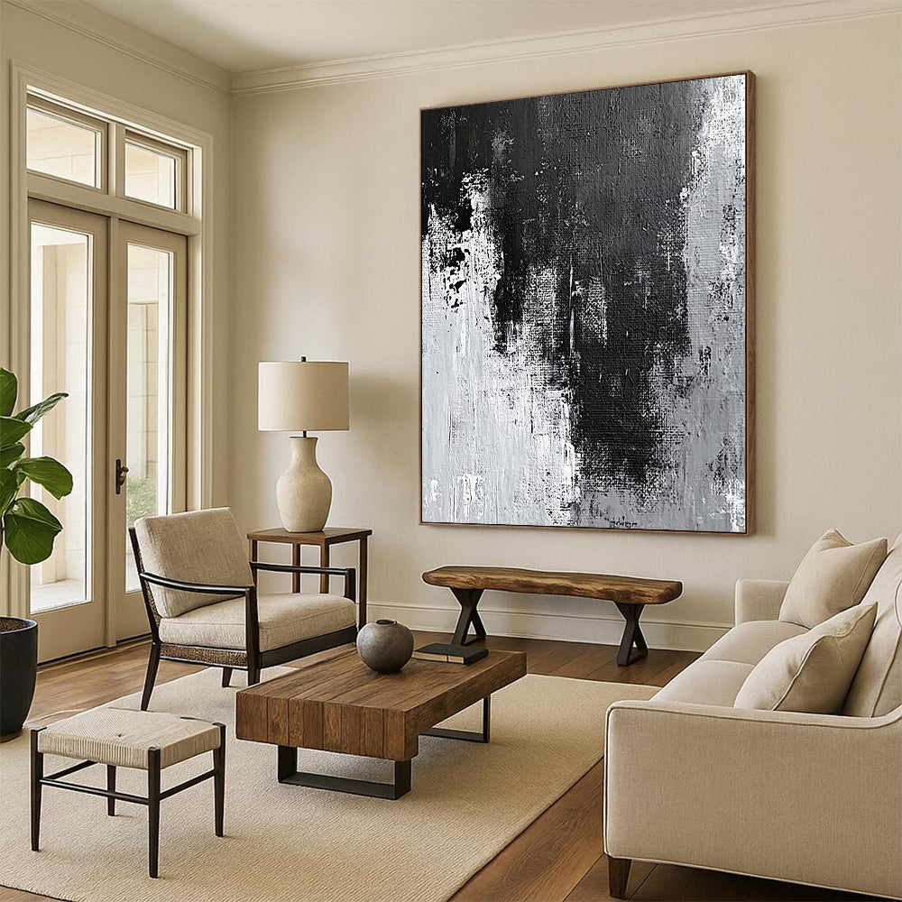 Contemporary hand-painted abstract artwork showcasing intricate gray and black textures with white wall effects and dynamic paint streaks and splashes. DLZ0395
