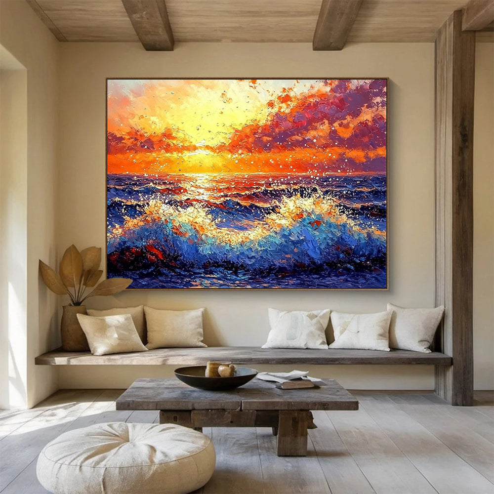 “Vibrant Sunset Ocean Waves” - Orange, Red, Purple, Blue, Crashing Waves - Impasto Oil Painting HB1698