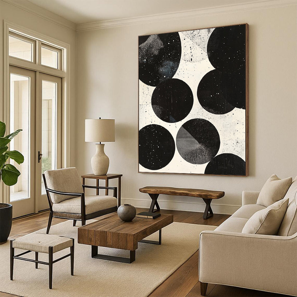 Black, White, Spotted Circles "Cosmic Sphere Dots" Abstract Minimalist Painting On Canvas HB179