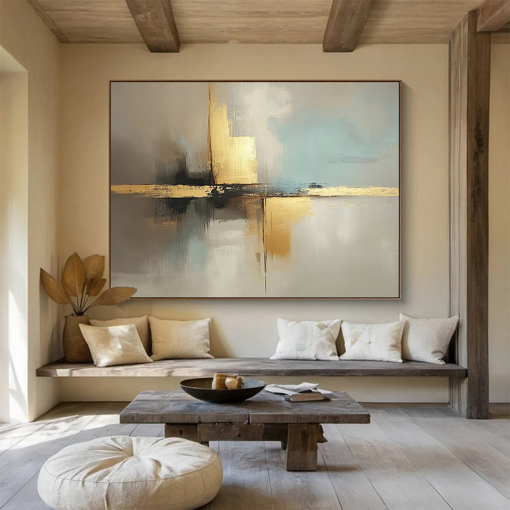 “Neutral Tones with Gold Cross” - Beige, light blue, gray, gold; Abstract cross with gold in neutral tones; Acrylic Painting On Canvas HB1248