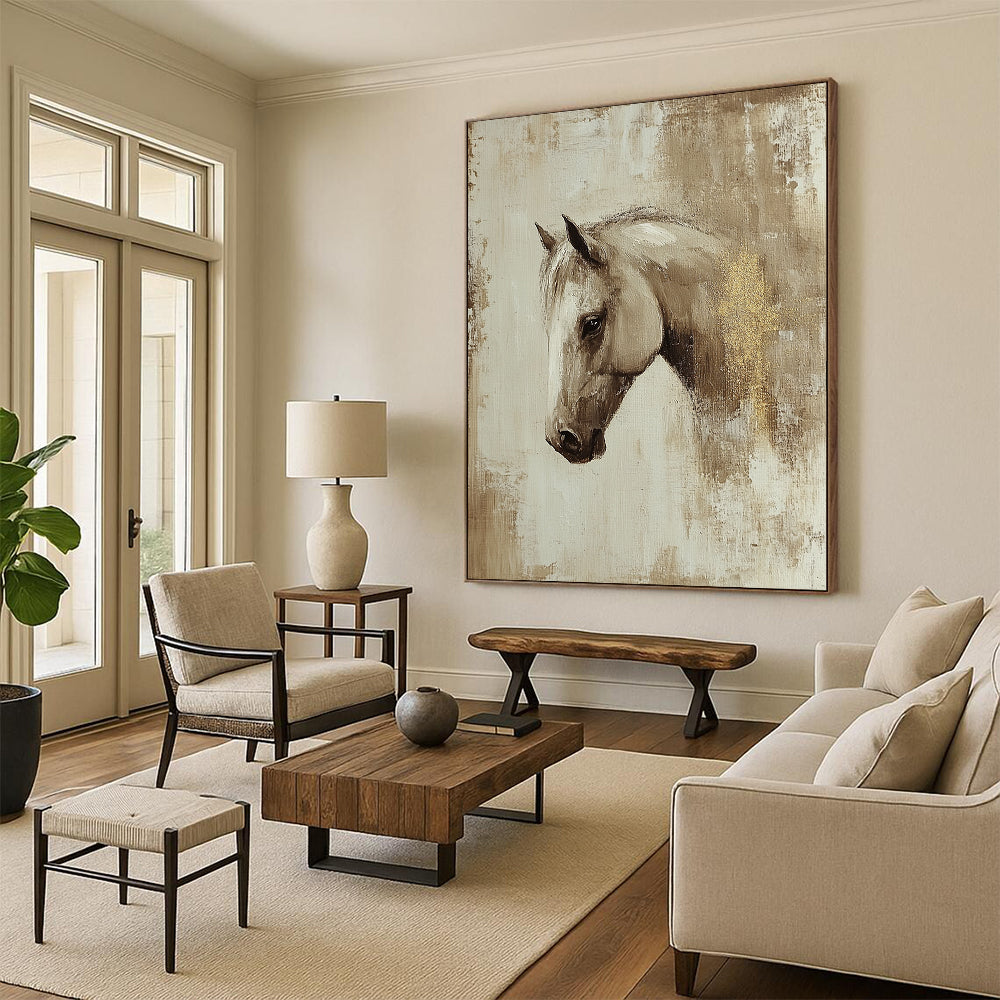 Contemporary abstract oil painting featuring a beige-toned Arabian horse profile with visible brush strokes and gold leaf detail, inspired by Richard Schmid. DLZ0895