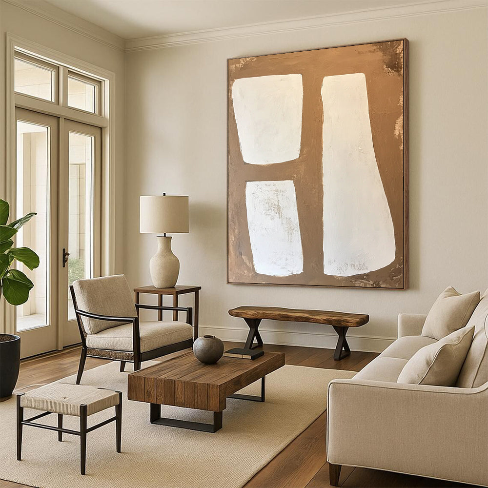 Contemporary large-scale abstract painting features soft edges with a minimalist style in brown and white tones showcasing visible brush strokes on wood panel. DLZ1749