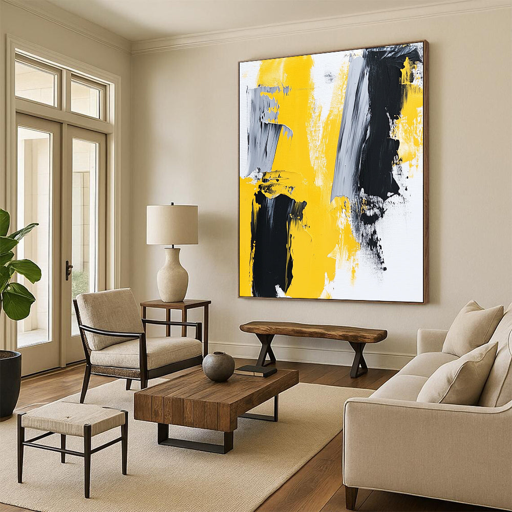 Large contemporary hand-painted abstract art featuring thick brush strokes in yellow and grey on a white background reflecting minimalism and modern expression. DLZ0774