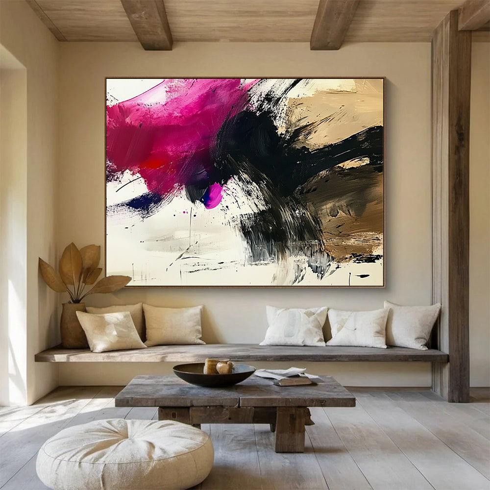 “Vibrant Abstract Splashes” - Pink, Black, Purple, Dynamic Abstract Splashes Painting On Canvas HB0970