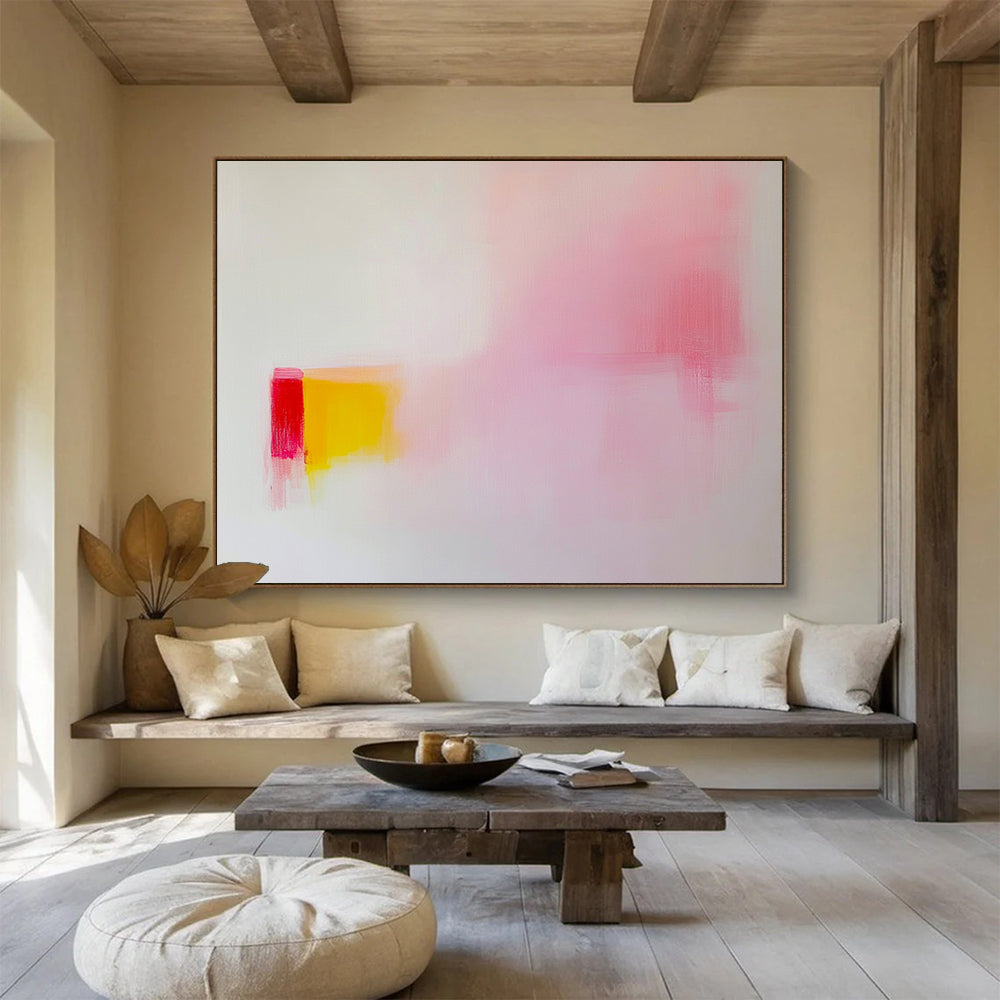 “Soft Color Block Abstraction” - Pink, yellow, red blocks, white background, Minimalist Color Field Painting On Canvas HB0605