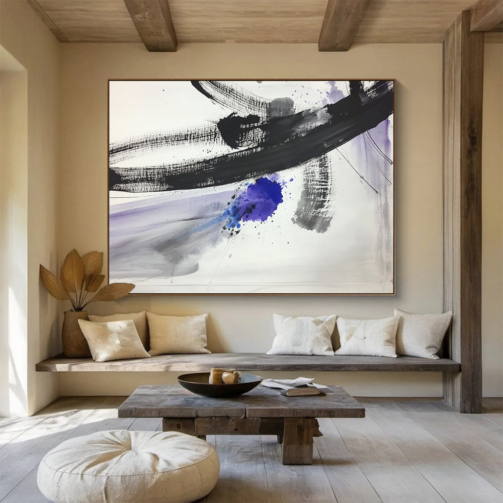“Ink Splash with Purple - Blue Accents” - Black, Gray, Purple, Blue, Expressive Ink Splashes - Ink Painting HB1630