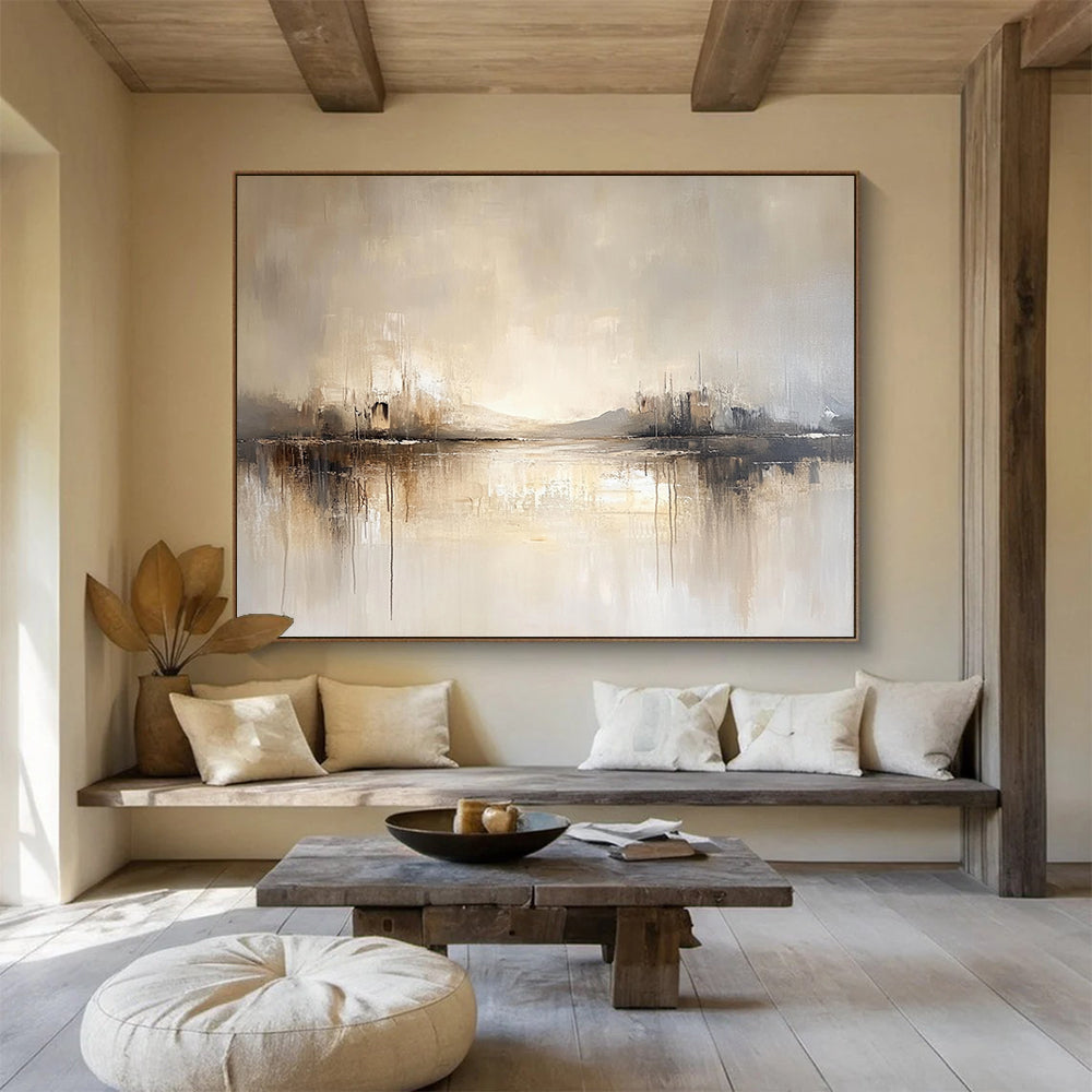 “Neutral Lake Reflection” - Beige, Gray, Subtle Peaks and Reflective Lake Painting On Canvas HB0931