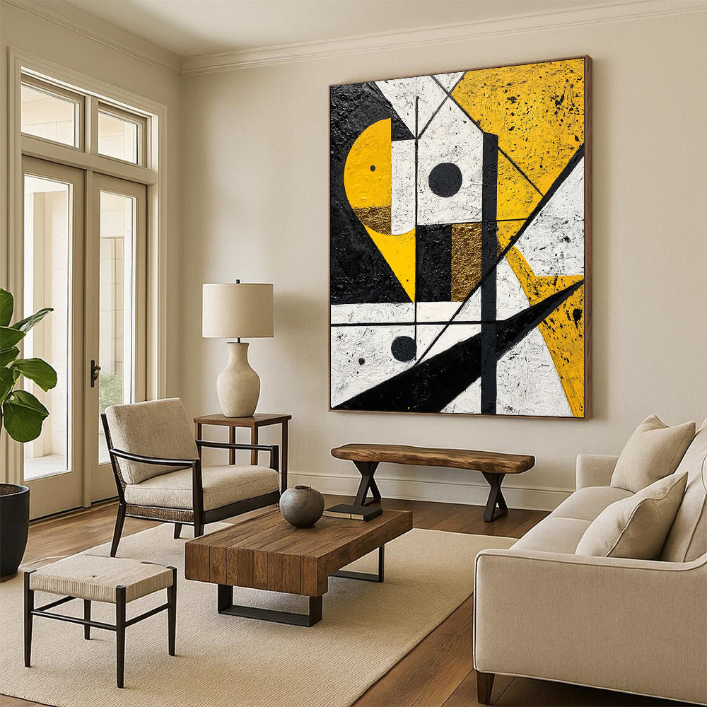 Black, White, Gold and Yellow Geometric Mosaic "Sunny Geometry" Painting On Canvas HB339