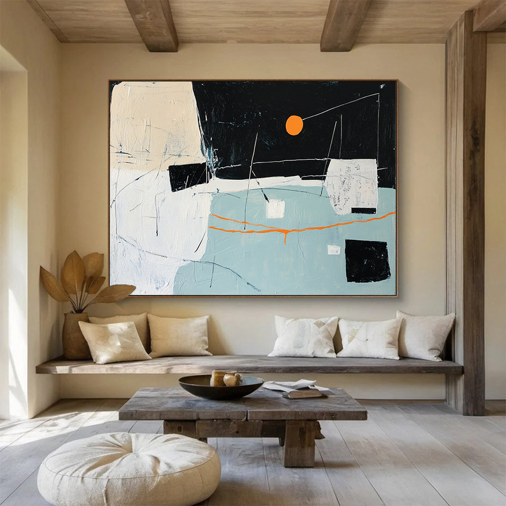 “Abstract Night Sky with Orange Sun” - Black, Orange, White, Blue, Abstract Forms - Painting On Canvas HB1417