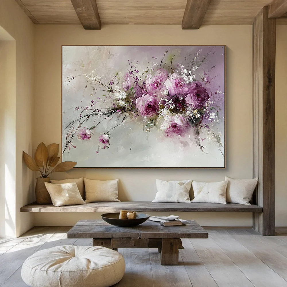 Pink, Purple, White and Green Floral Impasto "Romantic Blooms" Painting On Canvas HB0656