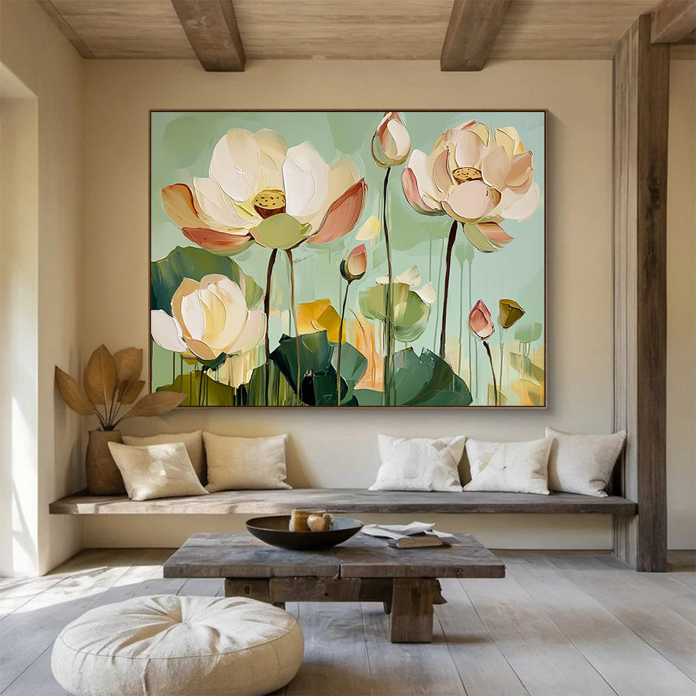 “Soft - Hued Lotus Serenity” - Pale Pink, Green, Cream, Graceful Lotus Blooms Painting On Canvas HB1018