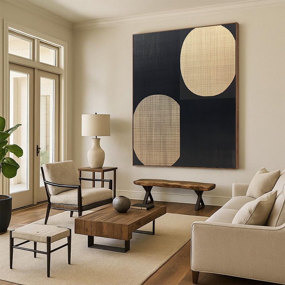 Large contemporary hand-painted abstract artwork features black and beige ovals on a warm wood grain background in a minimalist style. DLZ1600