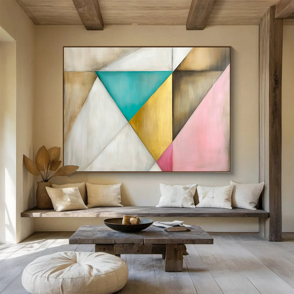 “Colorful Geometric Triangles” - Beige, Teal, Gold, Pink, Geometric Abstract Painting On Canvas HB0679