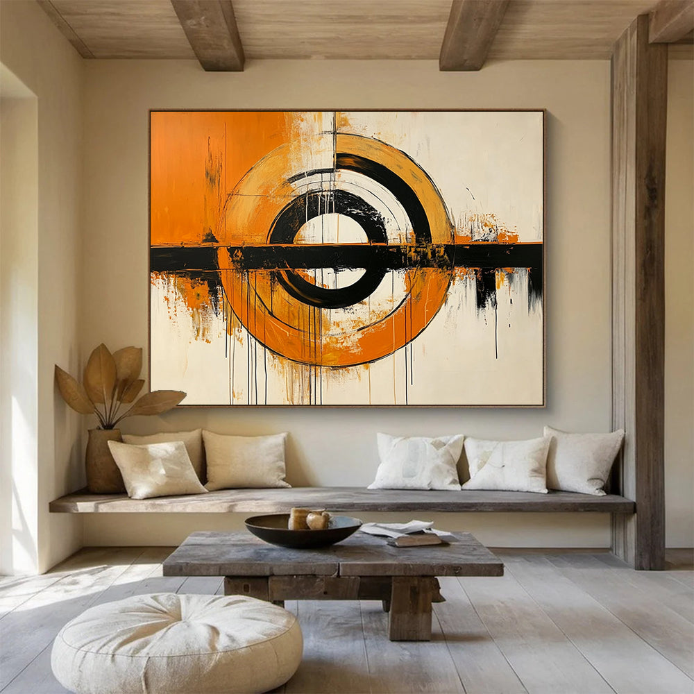 “Orange, Black, and White Abstract Circles” - Orange, black, white; Abstract circles with drips; Acrylic Painting On Canvas HB1224