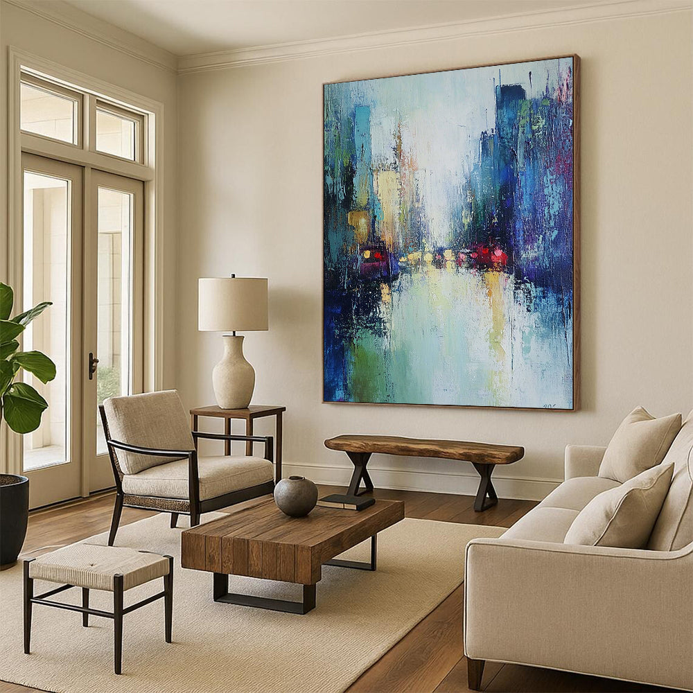 Contemporary hand-painted abstract art featuring a misty cityscape in soft greens and blues, enhanced by loose brushwork for an atmospheric effect. DLZ0604