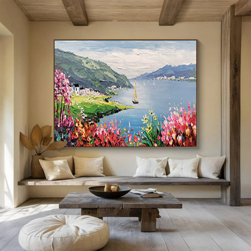 Lakeside Village with Sailboat - Romantic Living Room or Bedroom Art DLZ209