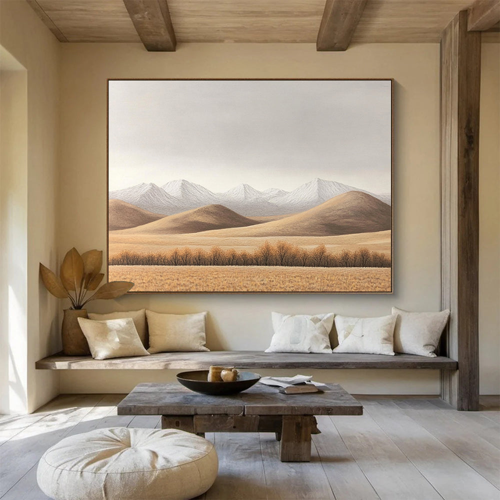 “Minimalist Mountain Landscape” - Brown, White, Gray, Simplified Nature Scene - Oil Painting HB1652