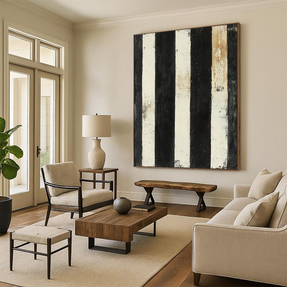Black, White, Beige, Stripes "Vintage Striped Relic" Abstract Textured Painting On Canvas HB170