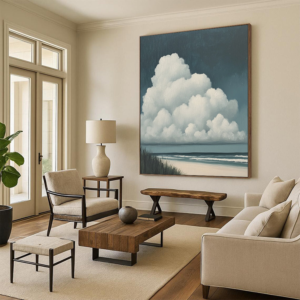 Contemporary hand-painted abstract art featuring clouds on the beach with large white clouds and a dark blue sky in muted colors. DLZ1679