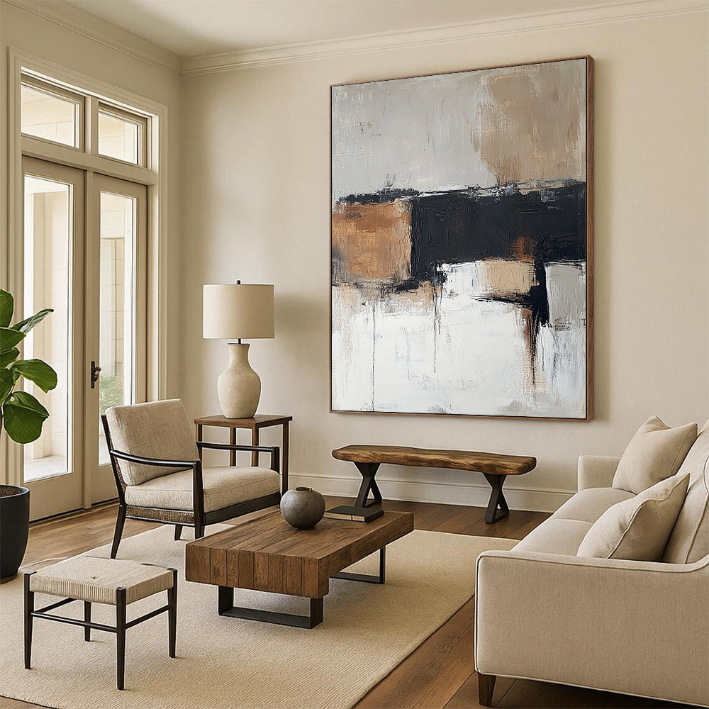 Contemporary hand-painted abstract art in soft neutral tones of beige and gray with brown accents creates an atmospheric and soothing ambiance. DLZ0497