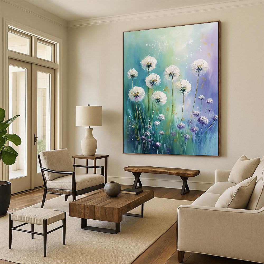 Contemporary abstract painting featuring white flowers, dandelions, and alliums in pastel hues against a green blue purple sky with gold accents. DLZ0821